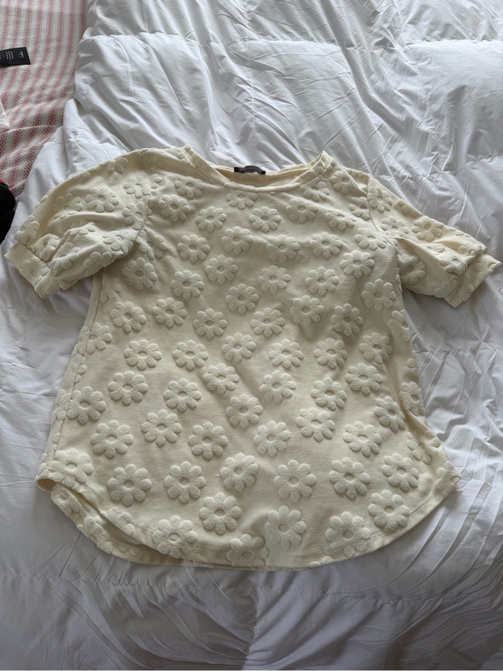 Cream Floral Textured Short-Sleeve Blouse